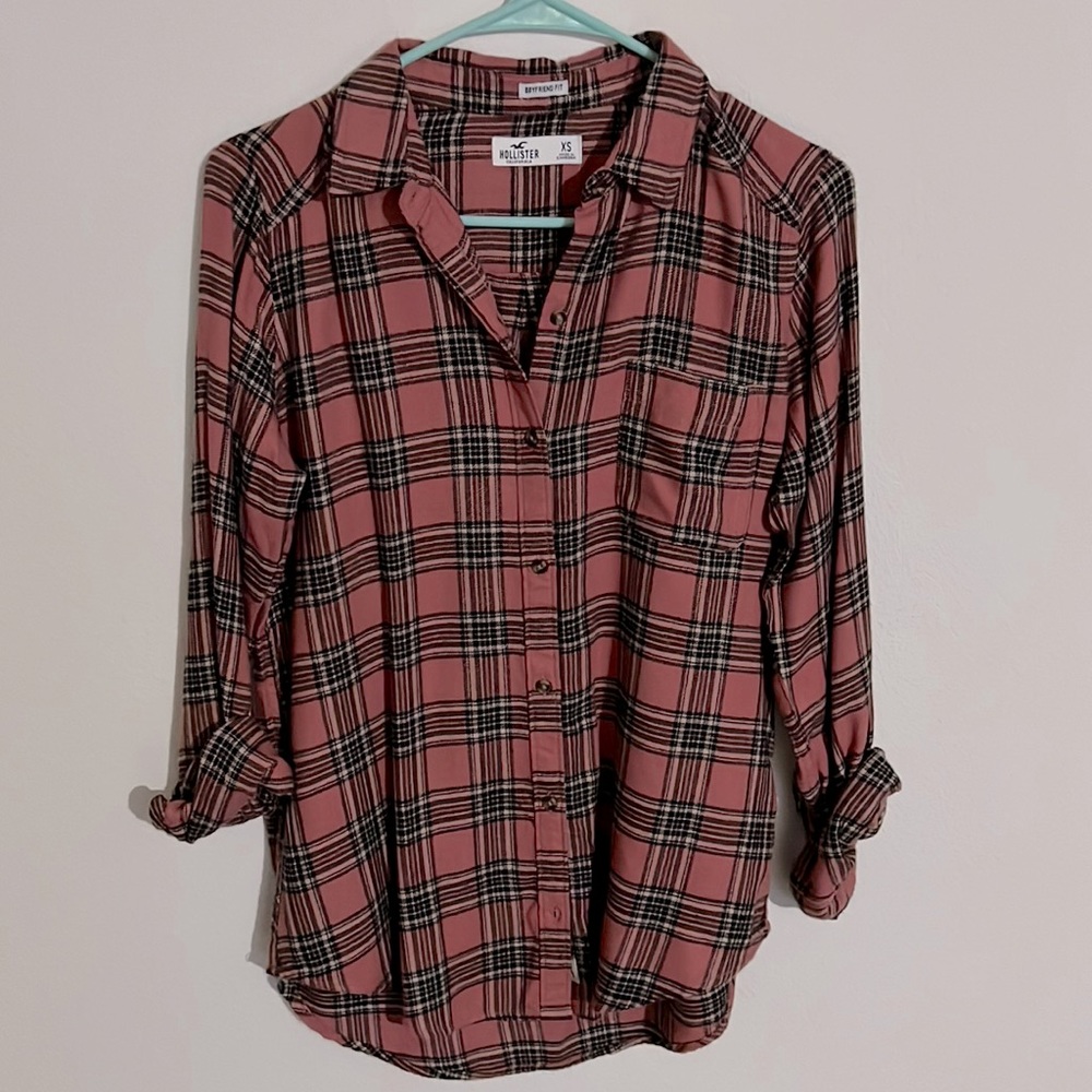 Hollister Oversized Flannel Button Up Size XS - Pink/Black